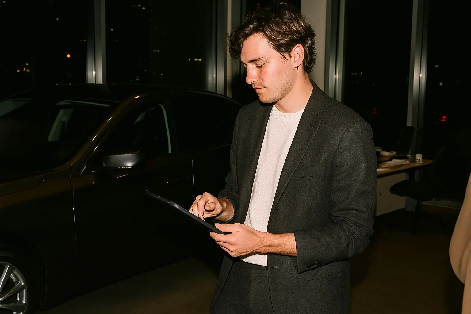 AI concept: a showroom host beside an unbranded dark car, in a charcoal wool suit with no tie over a cream knit, holding a tablet