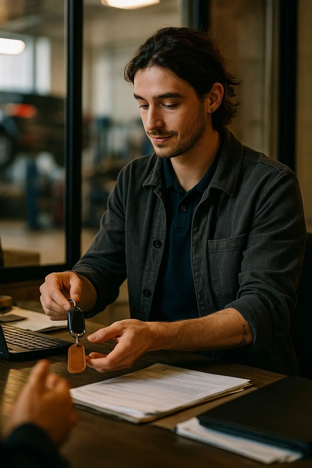 AI concept: a dealership service advisor handing over a car key at a service desk, in a navy knit polo under a charcoal chore jacket