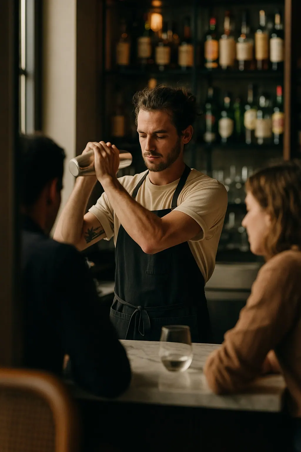 AI concept: a bartender shaking a cocktail behind a dark bar, in a cream T-shirt and black bib apron, backbar bottles catching the light