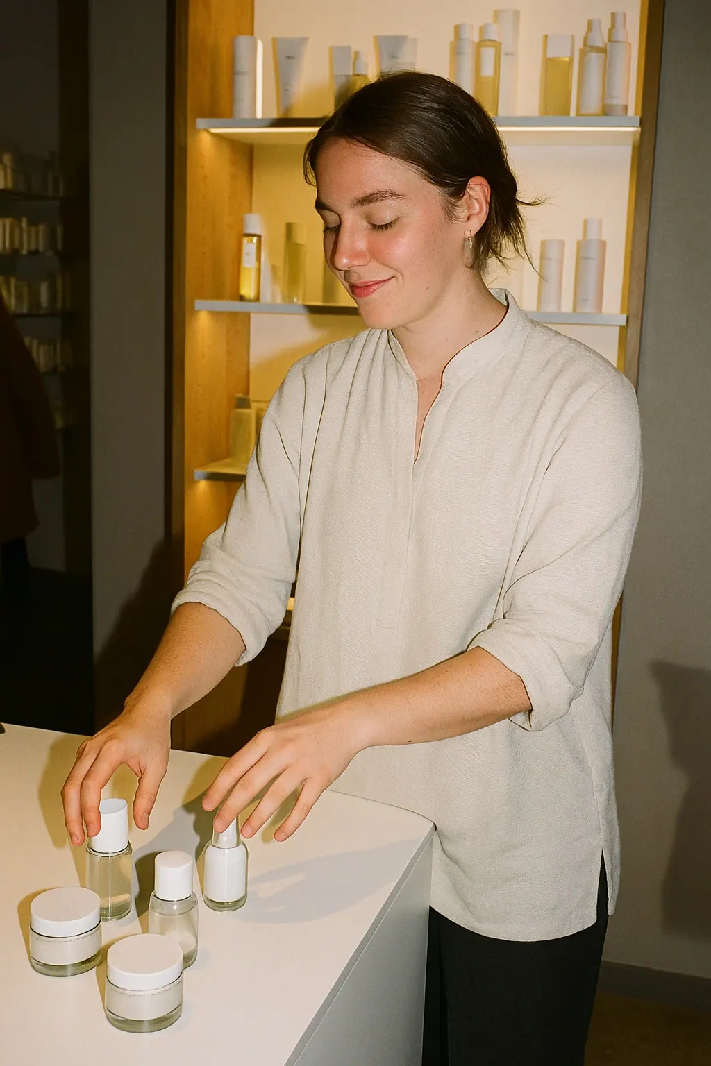AI concept: a beauty advisor arranging unbranded glass jars on a white counter, in a cream tunic with a mandarin collar and charcoal trousers