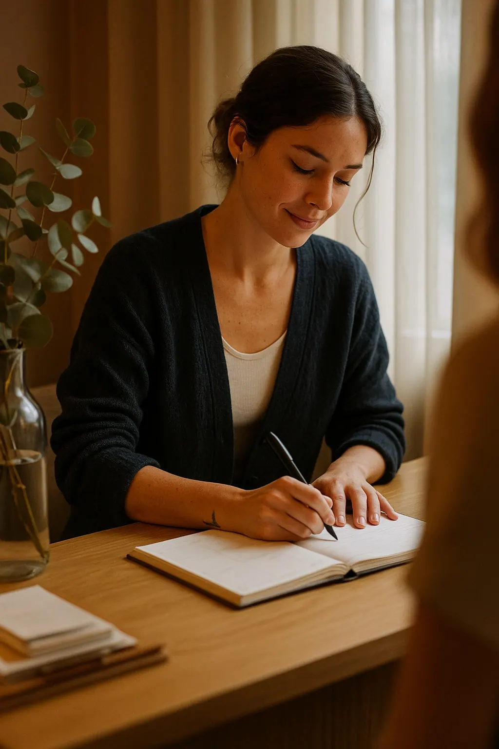 AI concept: a clinic receptionist writing in an appointment book at a white oak desk, in a soft navy cardigan over a cream top