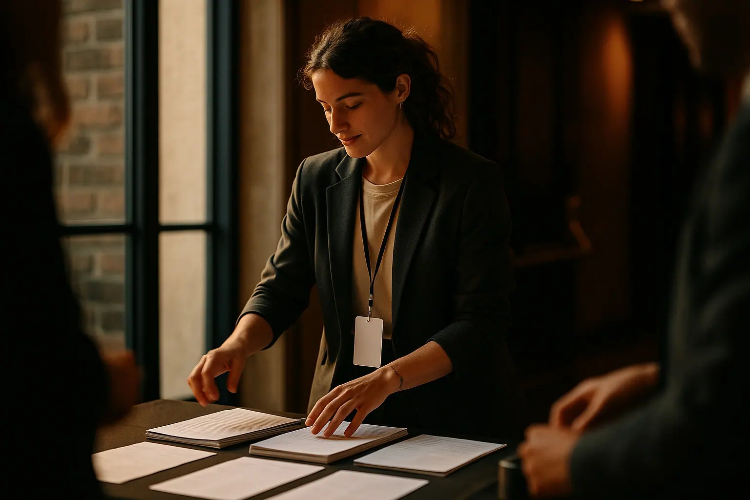 AI concept: two event hosts preparing a registration table before guests arrive, in matching charcoal suits with cream shirts and blank lanyards