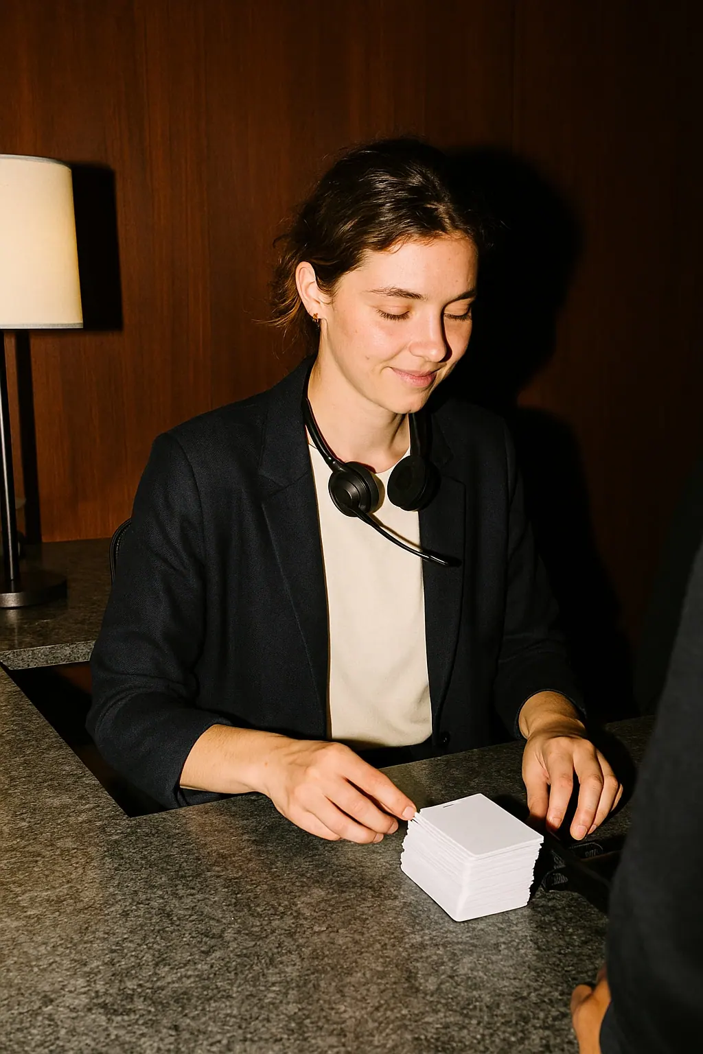 AI concept: a corporate receptionist at a stone desk in an office lobby, in a navy soft-tailored blazer over a cream shirt, a headset around the neck
