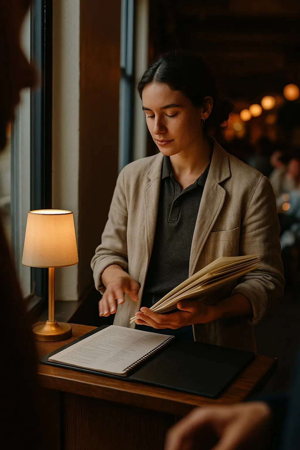 AI concept: a restaurant host at the entrance stand holding menus, in a charcoal knit polo under an oatmeal unstructured jacket