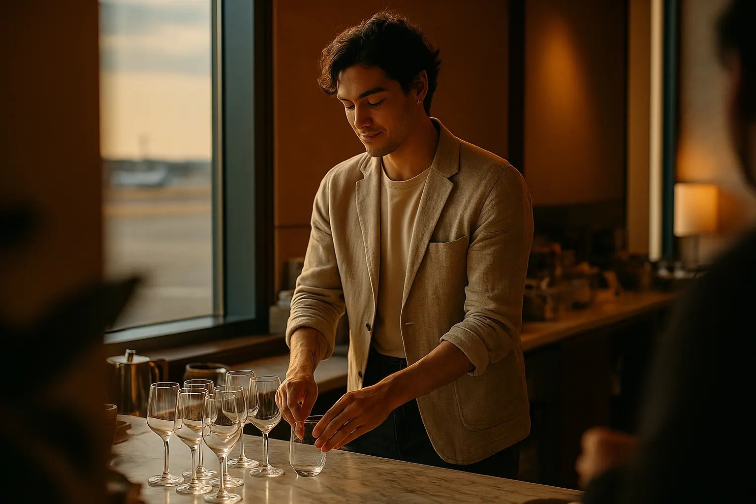 AI concept: an airport lounge host arranging glassware on a marble counter at golden hour, in an oatmeal linen jacket over a cream T-shirt