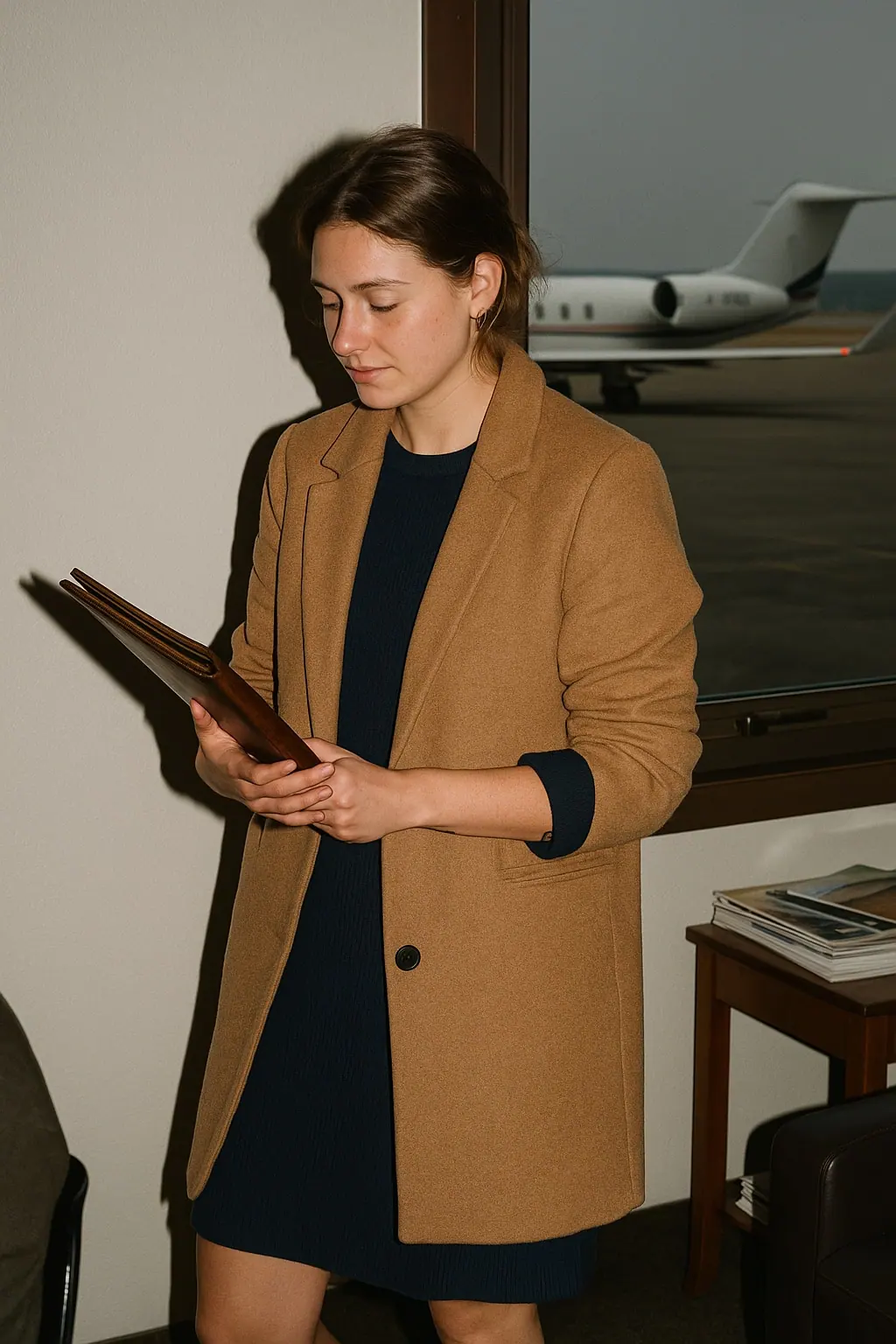 AI concept: a private aviation crew member at the window of a quiet FBO lounge, in a camel wool coat over a navy knit dress, holding a leather folder