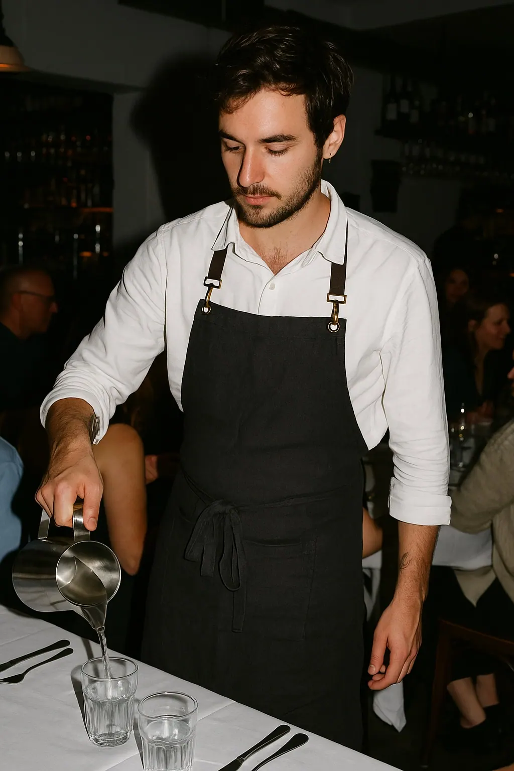 AI concept: a restaurant floor server pouring water from a steel jug along a laid table, in a white cotton shirt with rolled sleeves and a long charcoal apron with brass clips