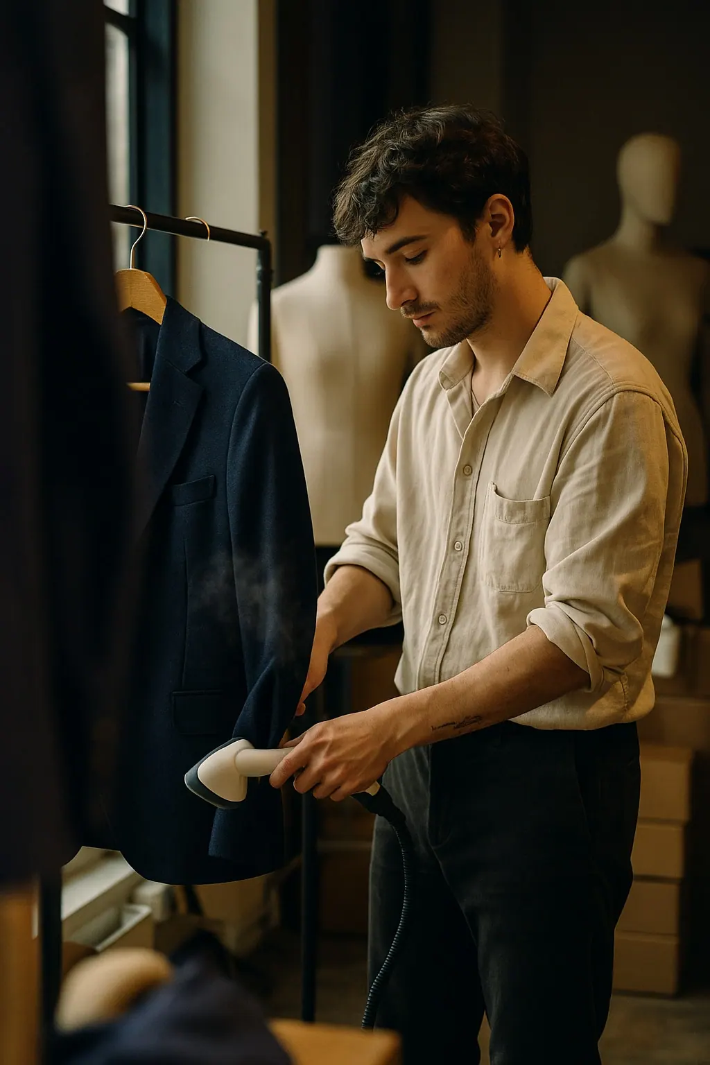AI concept: a visual merchandiser steaming a navy wool jacket on a rail before opening, in a cream work shirt with rolled sleeves and charcoal trousers