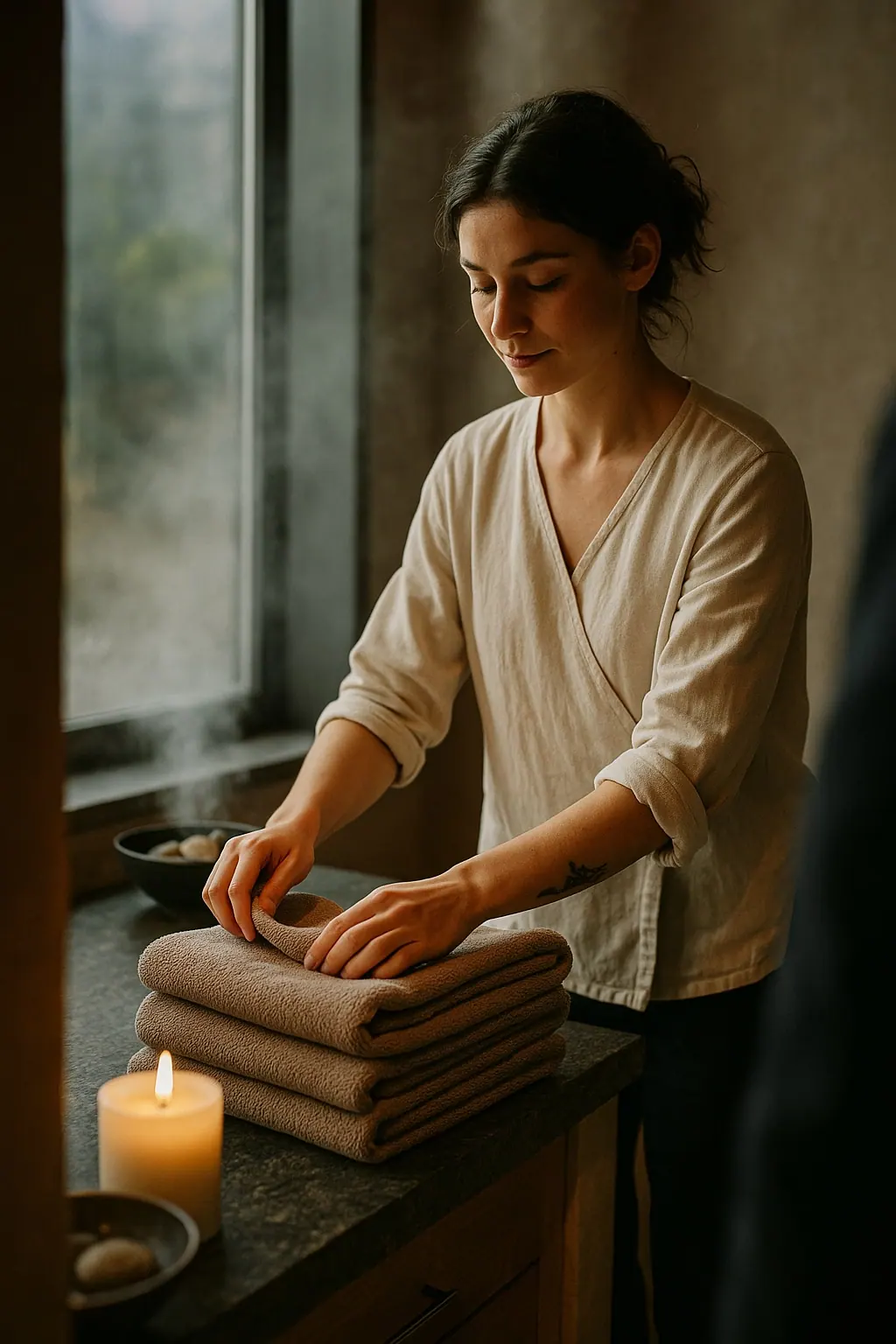 AI concept: a spa receptionist folding warm towels at a stone counter, in a cream cotton tunic over soft navy trousers