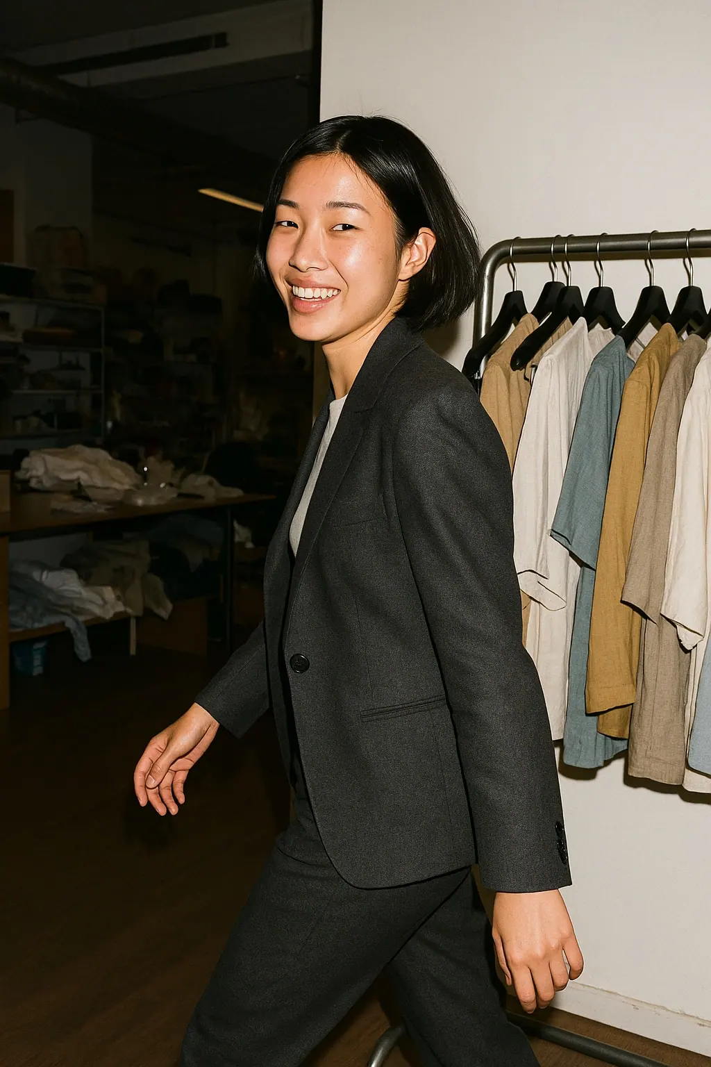 AI concept: boutique host in a charcoal suit over a white T-shirt walking past a rail of garments