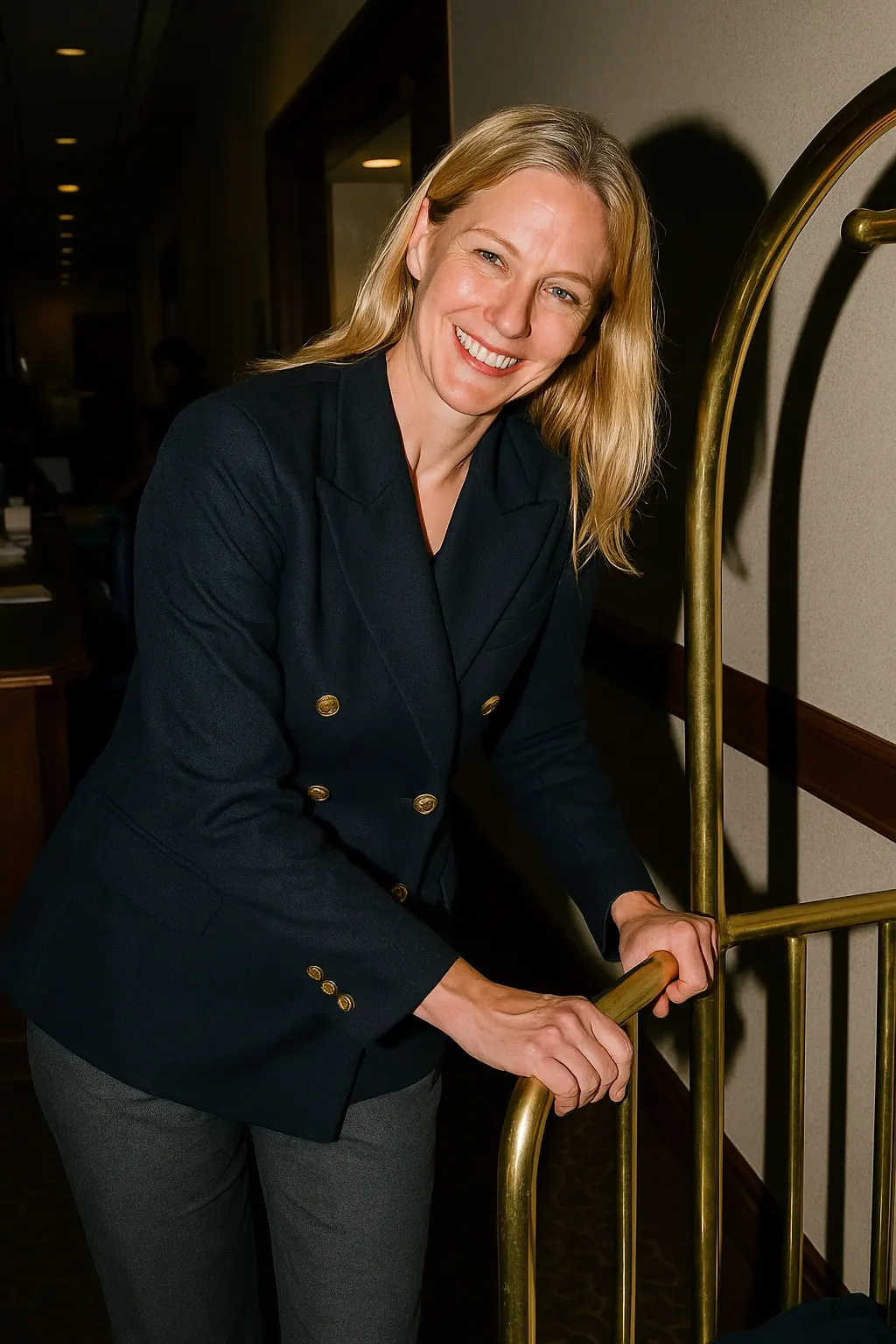 AI concept: hotel porter in a navy double-breasted jacket with gilt buttons beside a brass trolley, smiling