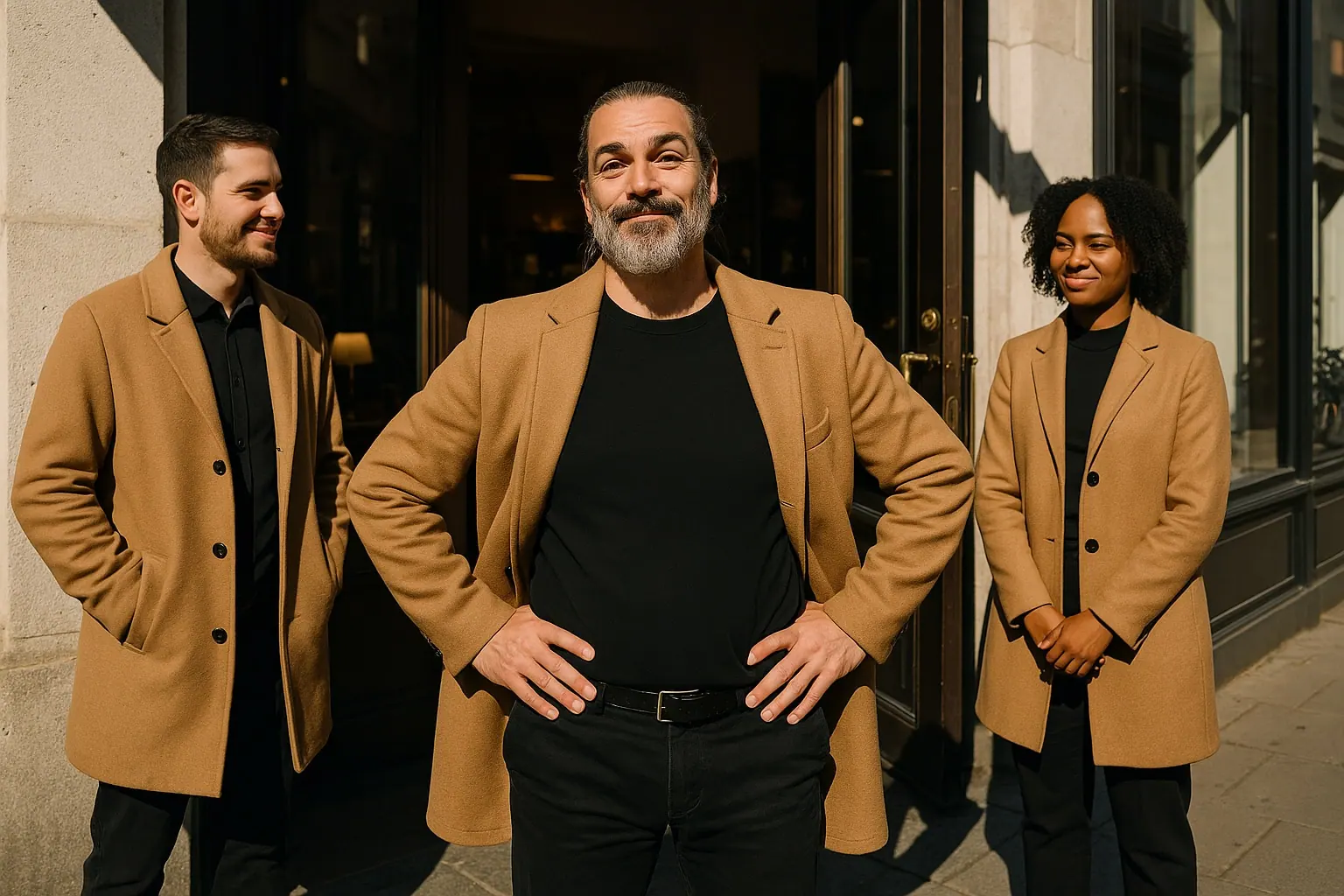 AI concept: three retail hosts in matching camel coats outside a store door in hard sunlight