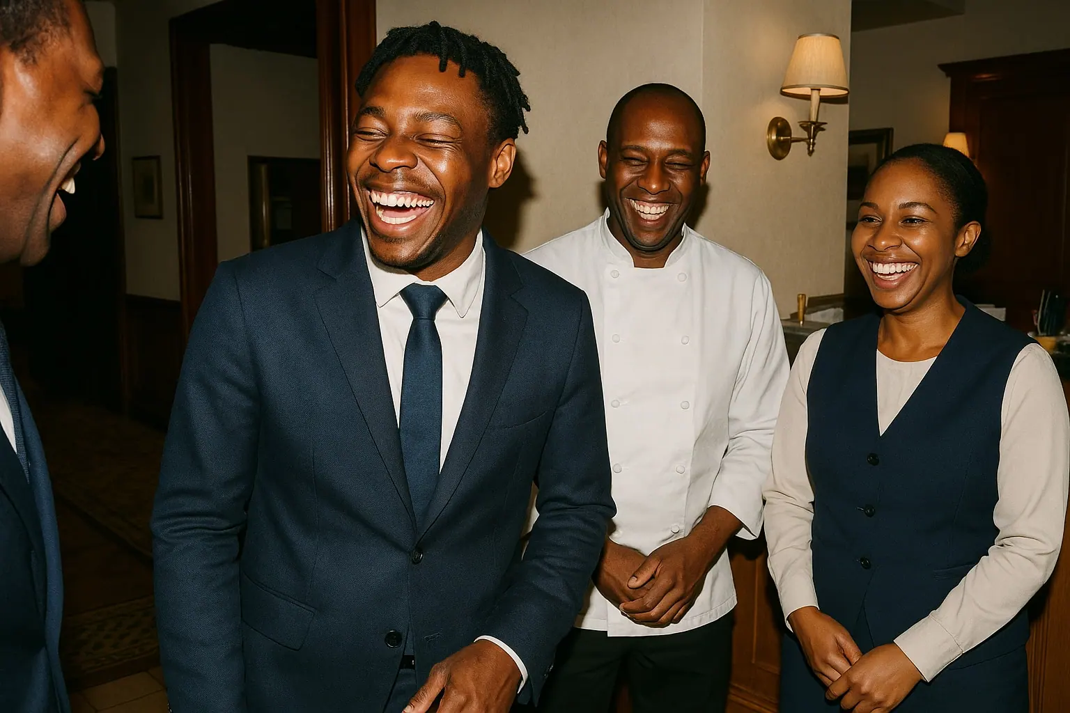 AI concept: three hotel staff of different roles in one navy and white wardrobe laughing together in a lobby