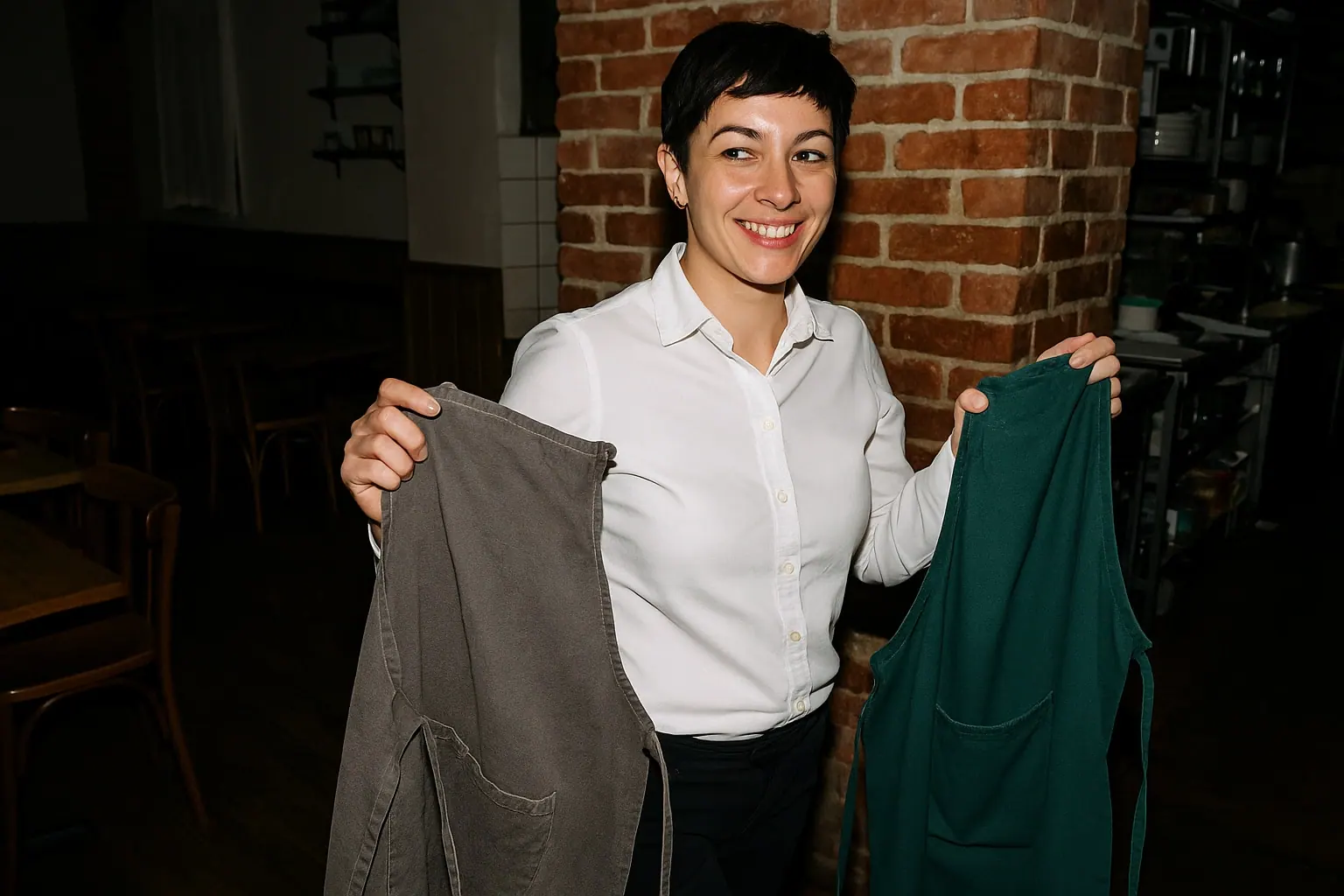 AI concept: restaurant manager in a white shirt holding an old grey apron and a new bottle-green one