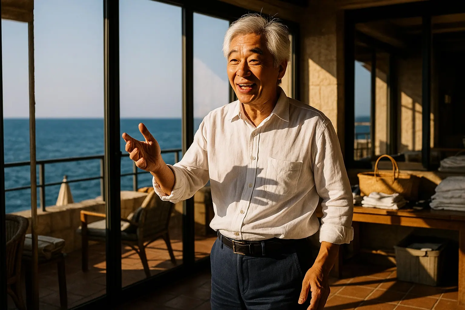 AI concept: resort host in a white linen shirt on a terrace by the sea, gesturing
