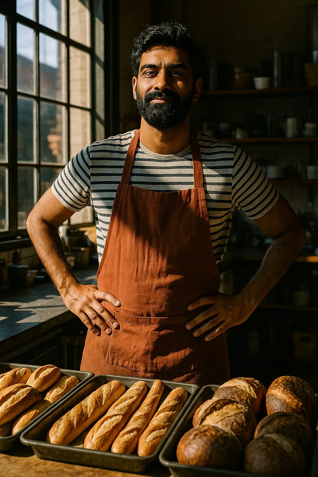 AI concept: bakery counter host in a rust bib apron over a striped T-shirt behind trays of bread