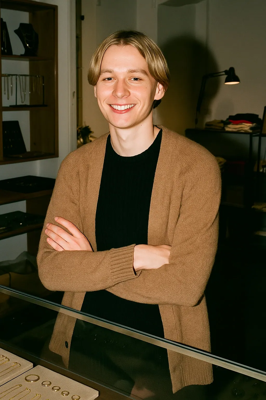 AI concept: client advisor in a camel cardigan with arms crossed at a boutique counter, smiling