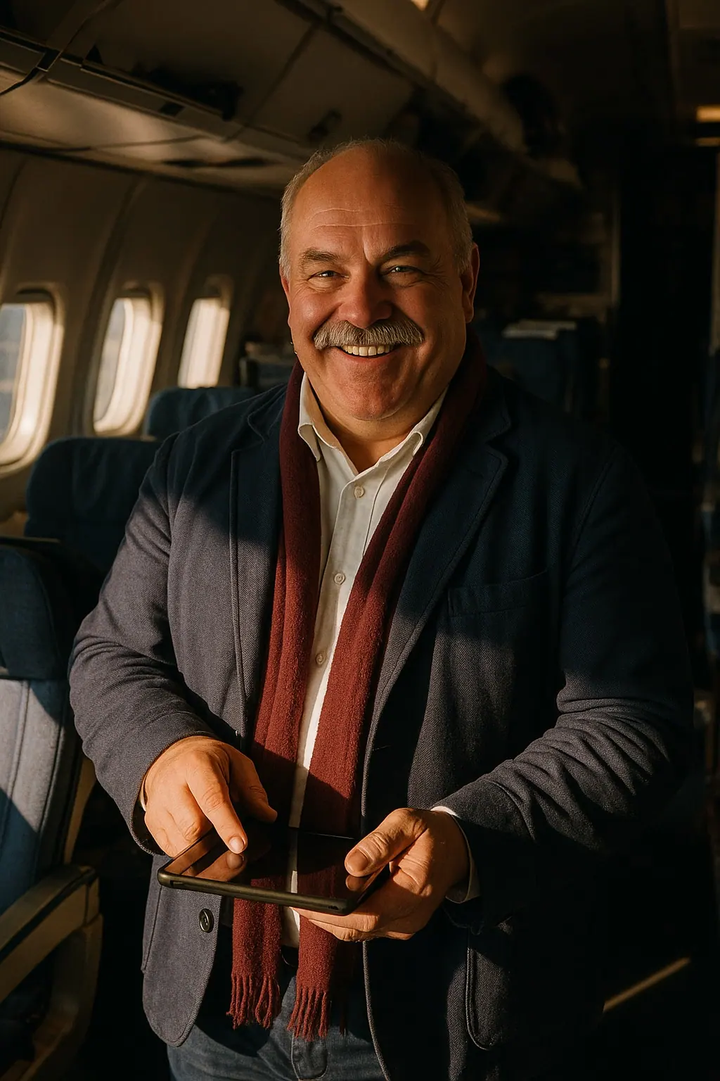 AI concept: cabin crew member in a navy jacket, white shirt and burgundy scarf in an aircraft aisle, holding a tablet