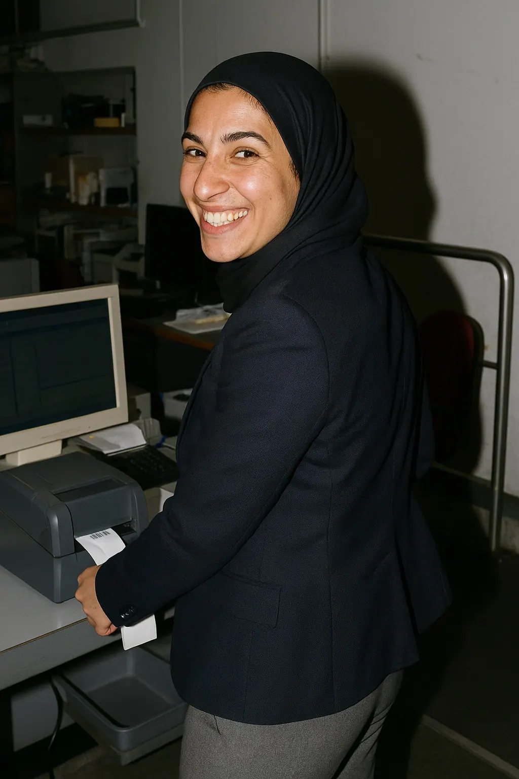 AI concept: check-in agent in a navy blazer at an airport desk, turning to the camera and smiling