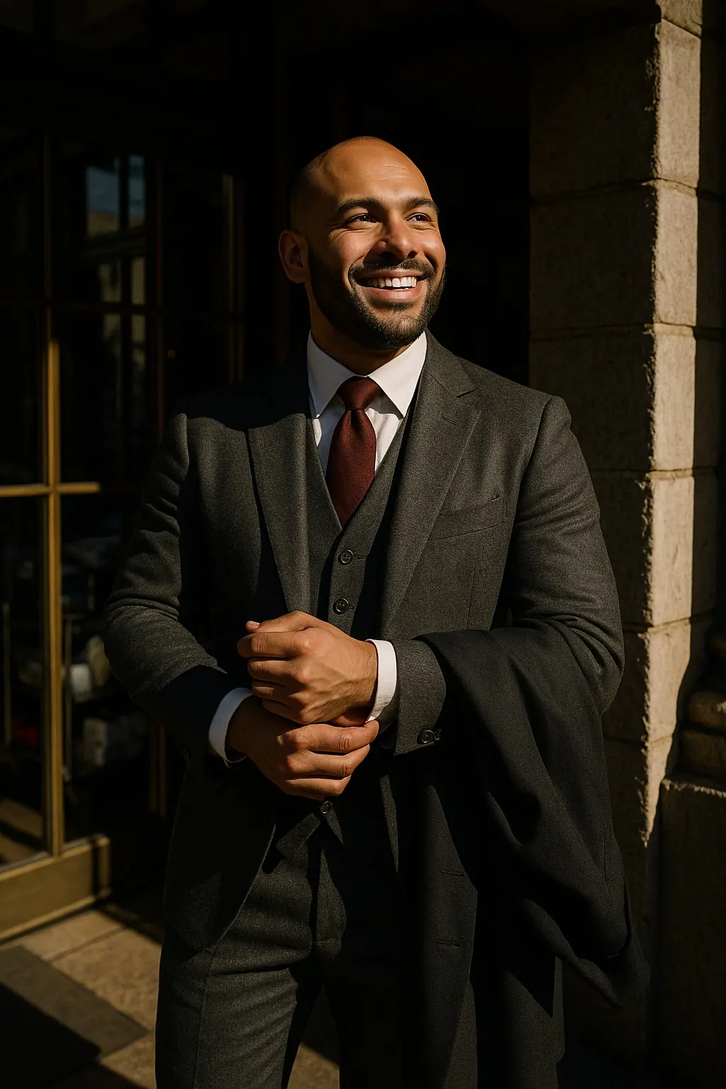 AI concept: concierge in a grey flannel three-piece suit and burgundy tie under a stone portico, laughing