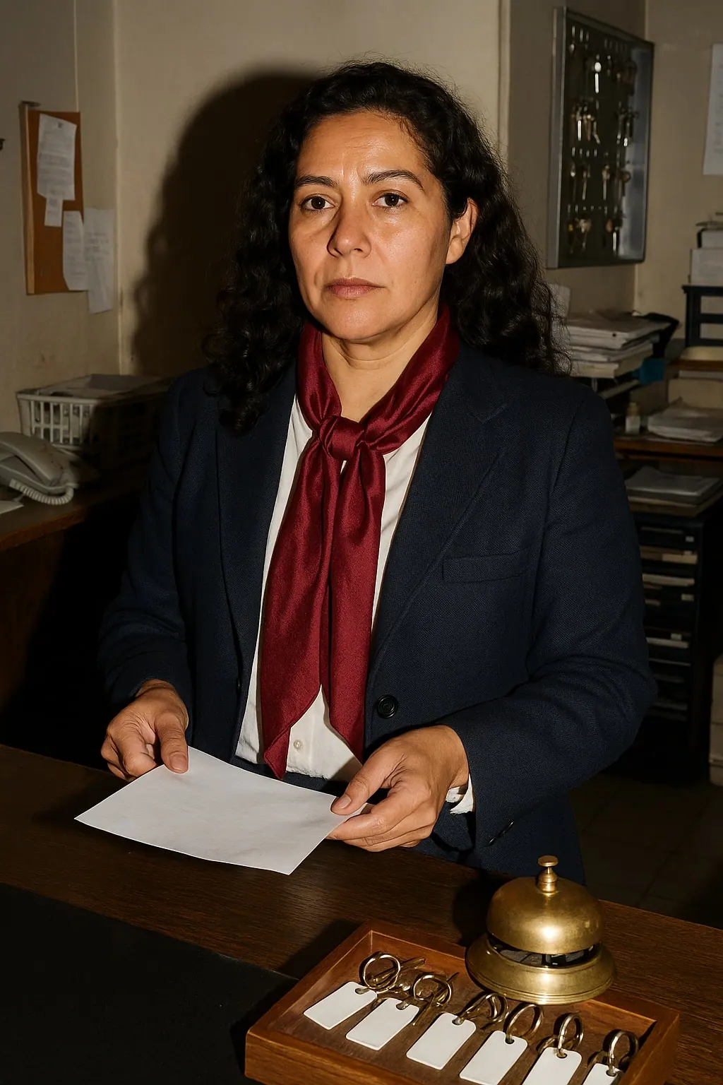 AI concept: front desk host in a navy jacket, white blouse and burgundy scarf behind a reception desk with a brass bell